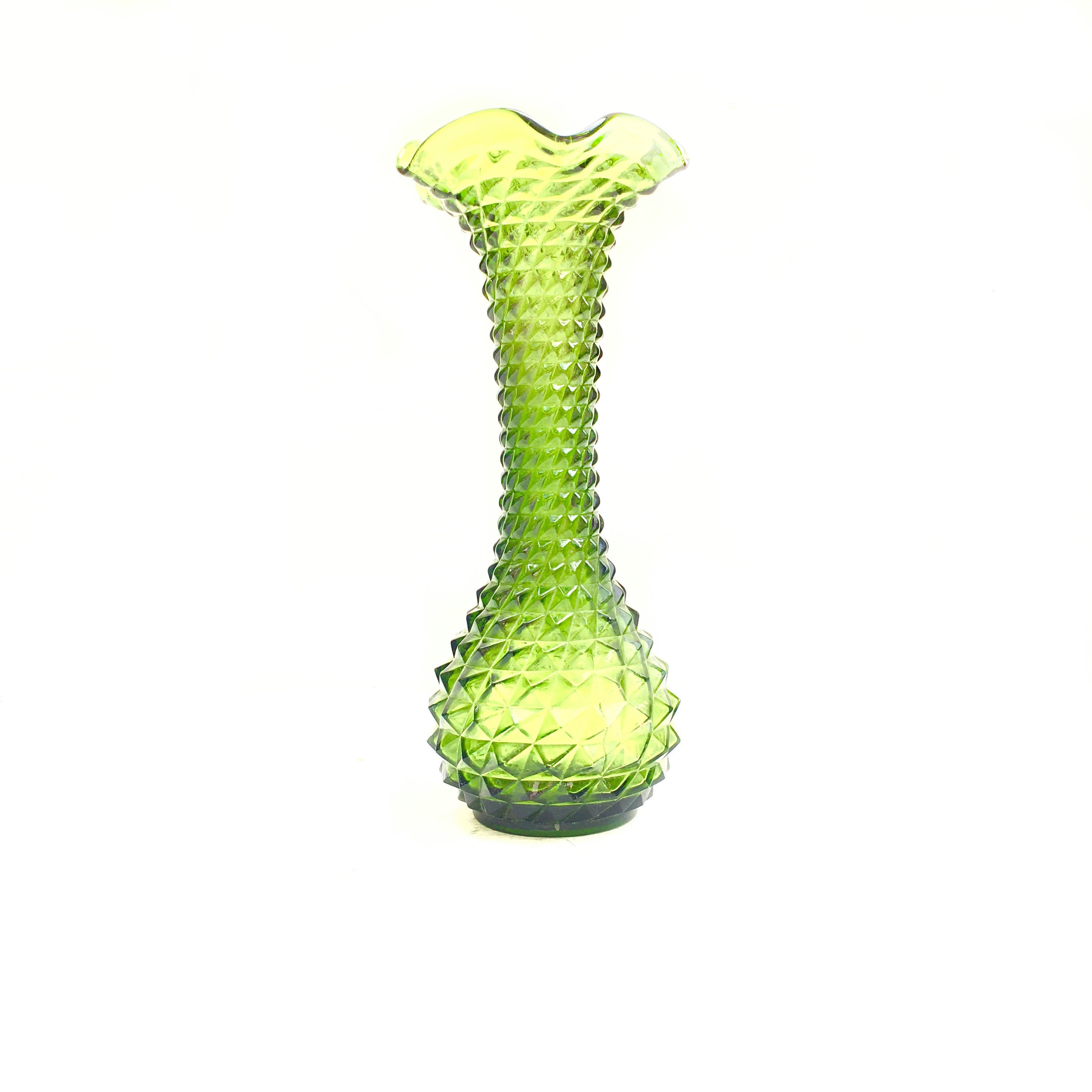 Français Milieu Du Siècle Green Hob Clou Verre Grand Vase avec Haut Frillé Grande Couleur Pièce d'af