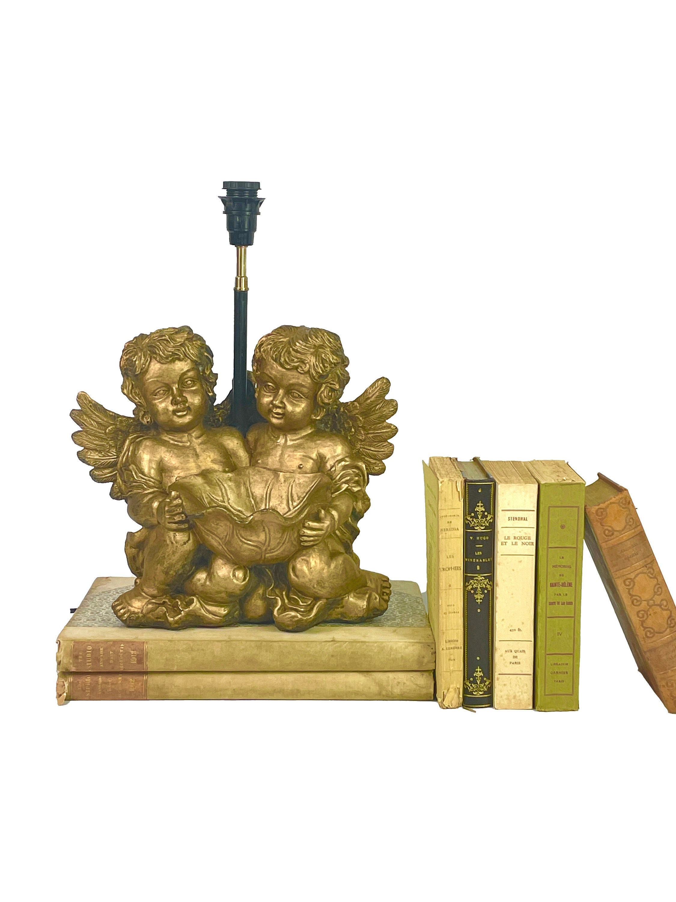 Vintage Français Gilded Angel Putti Lampe de Table avec Lily Leaf Bronze et Plâtre - Milieu Du Siècl