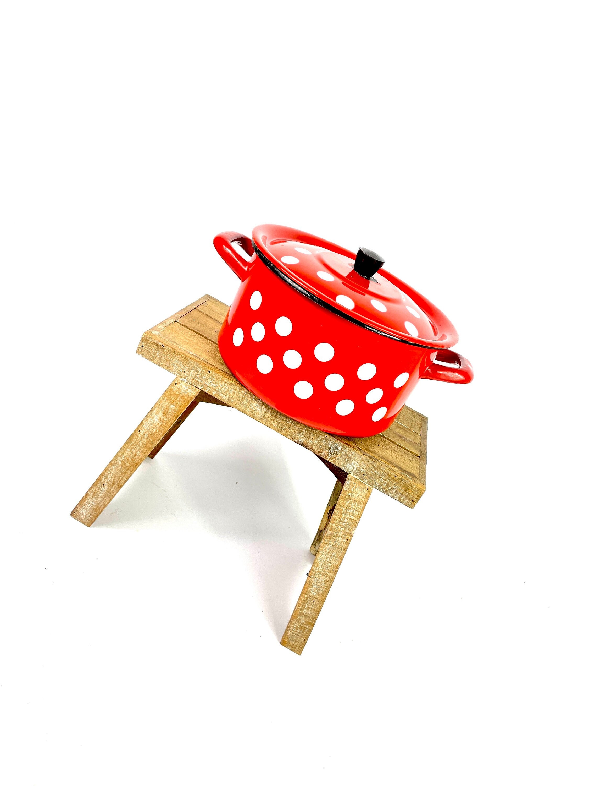 Vintage Français Émail Polka Dot Spotty Rouge Blanc Grande Casserole à Couvercle