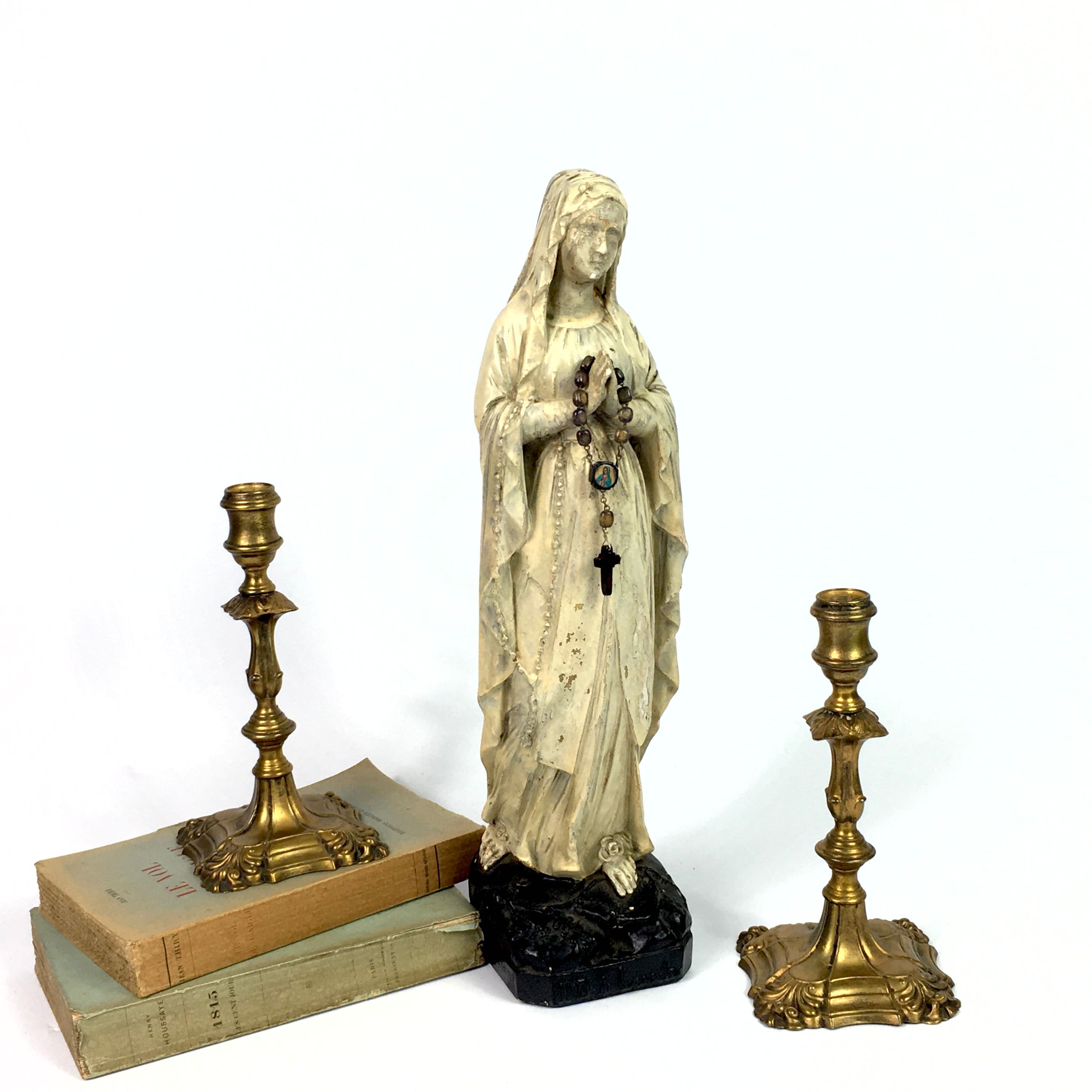Français Antique Early Plaster Grand 17.5 Statue Vierge Marie Madonna Toulouse Shabby Chic Signé - R