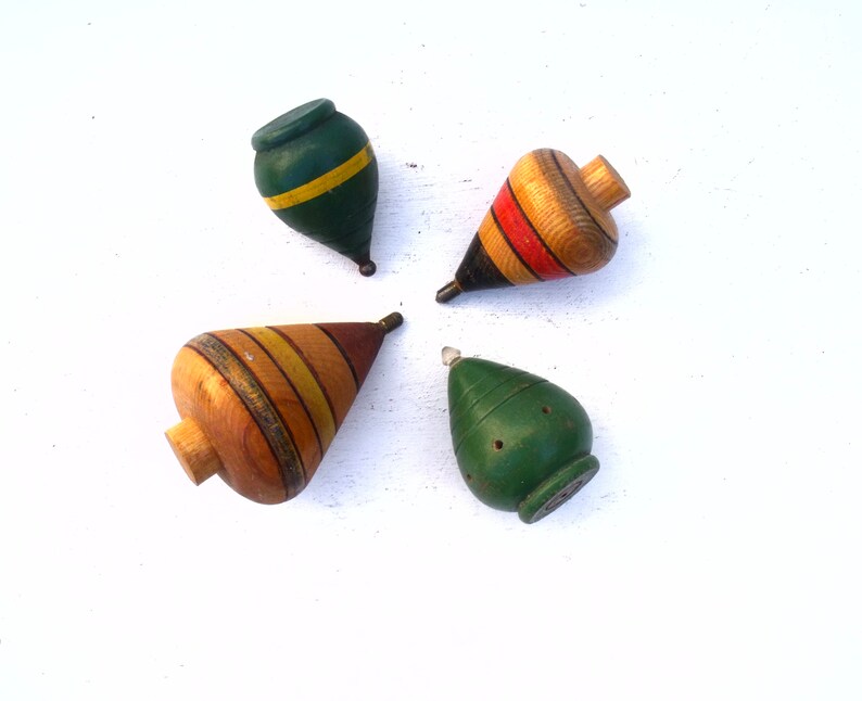 Collection Four 4 Vintage French Wooden spinning tops painted French Toys perfect for display