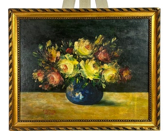 Ancien vase floral nature morte fleurs sur panneau cadre original signé Henri Rottiers Paris 1915