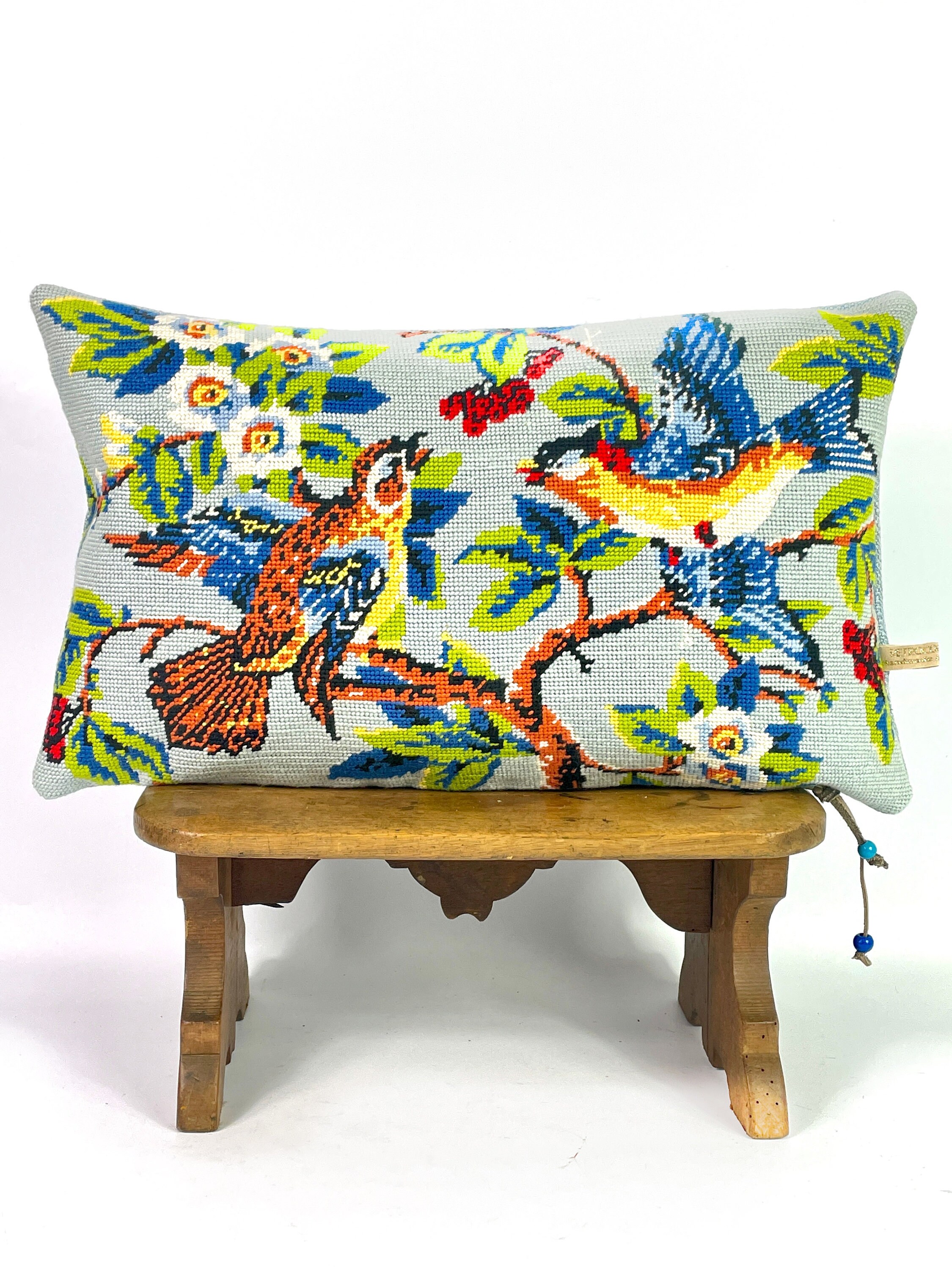 Unique Français Tapisserie en Soie Needlepoint Oreiller Love Birds Coussin Lin