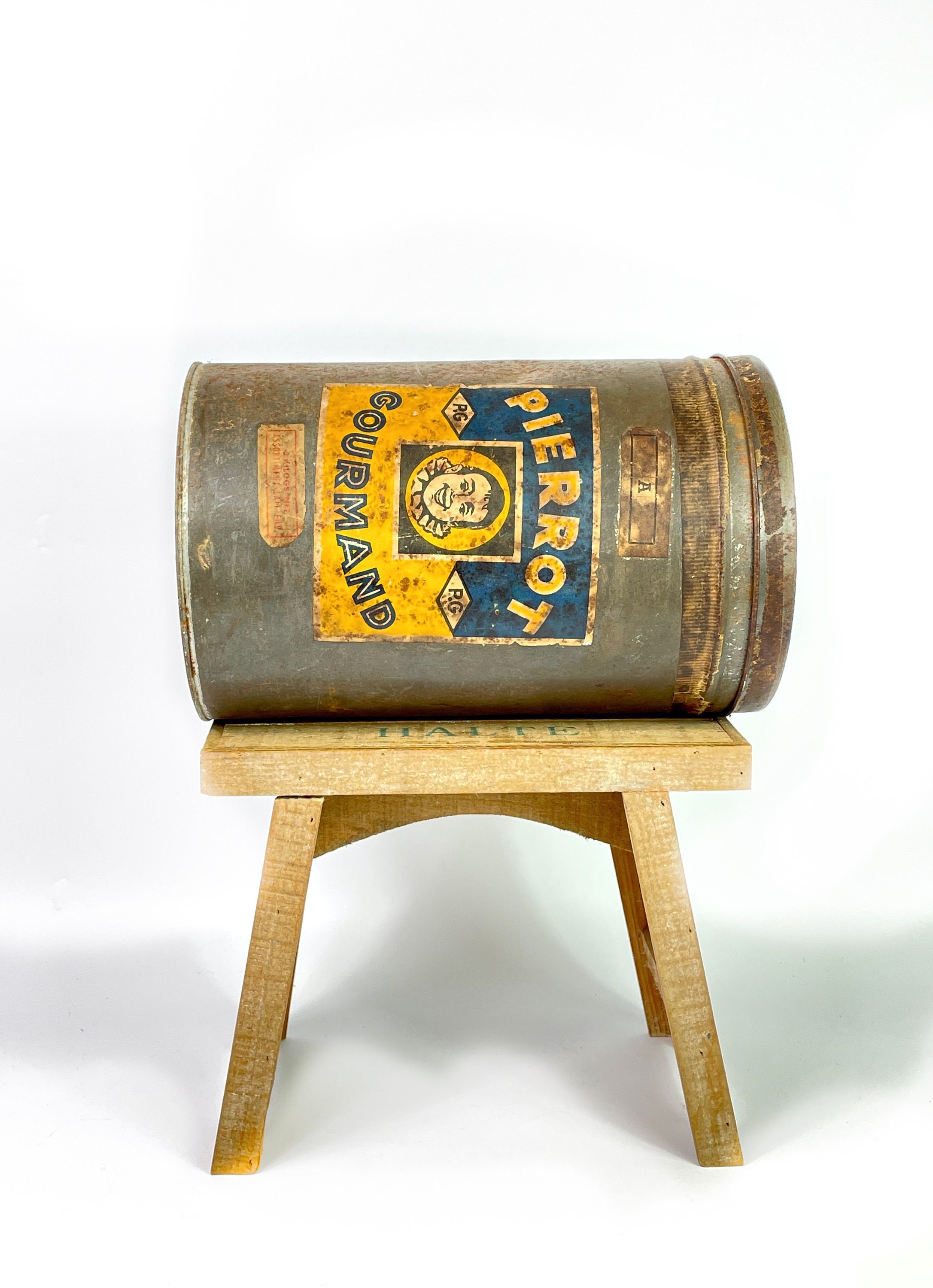 Antique Français Énorme Étain Pierrot Gourmand Lithographie Tin Props Styling Loft