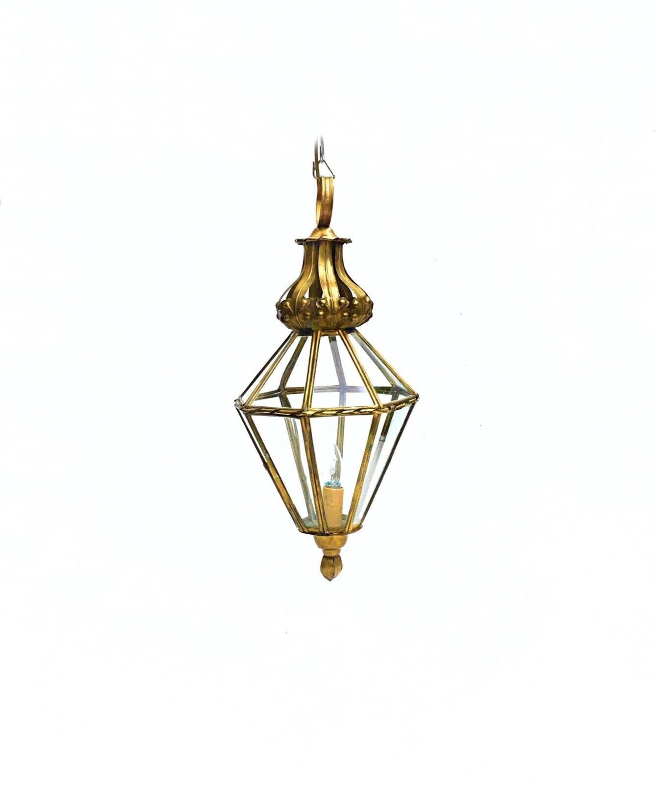 lanterne ancienne de style louis xiv en toile lin, couronne dorée, octogonale