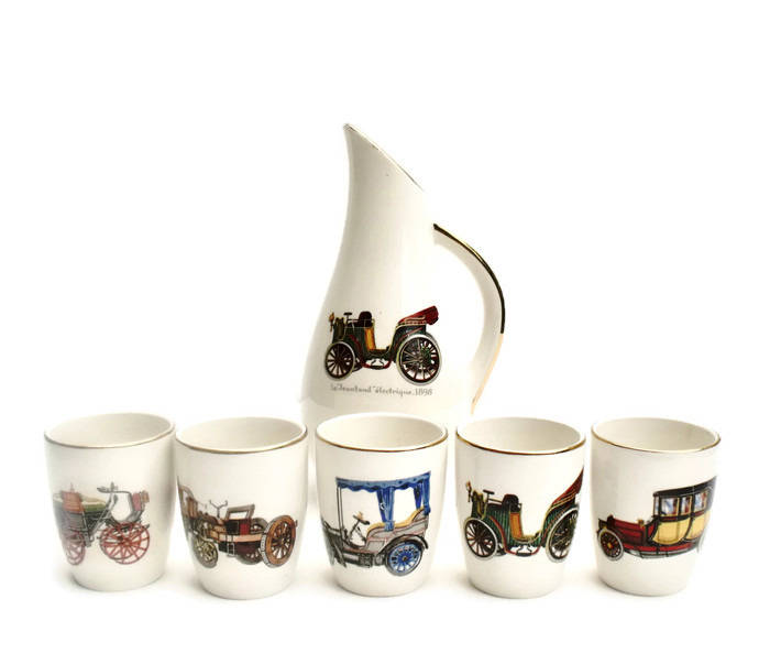 Français Gien Porcelaine Limonade Ensemble Voitures Anciennes Transfert Ware Doré Des Années 1950 Ré