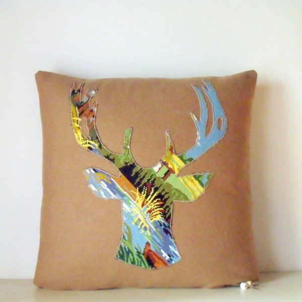 UNIQUE Needlepoint Stag Silhouette on Luxury Felted Pure Wool Camel  22" Pillow Cushion Coussin Cover
