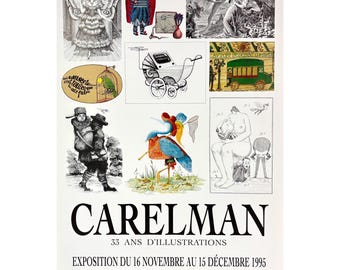 Cartel de exposición francés auténtico de época de Carelman Librairie Privat Paris