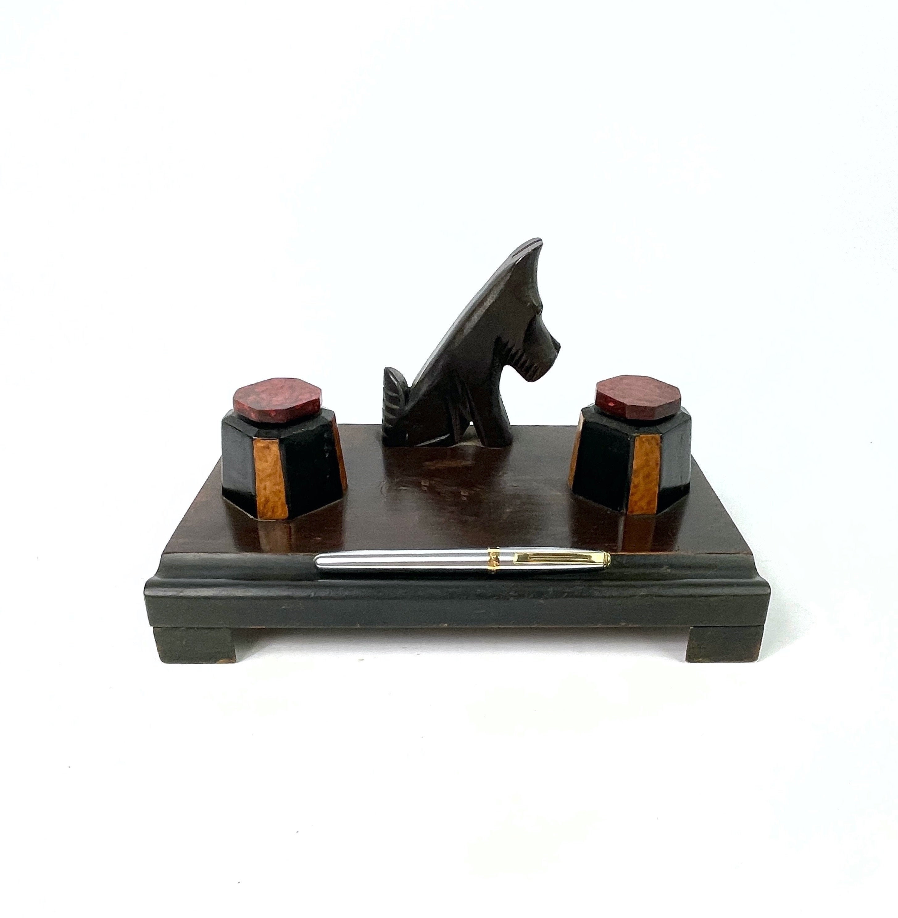 Français Bois Art Déco Scottie Inkwells Pen Repos Desk Tidy Bakelite