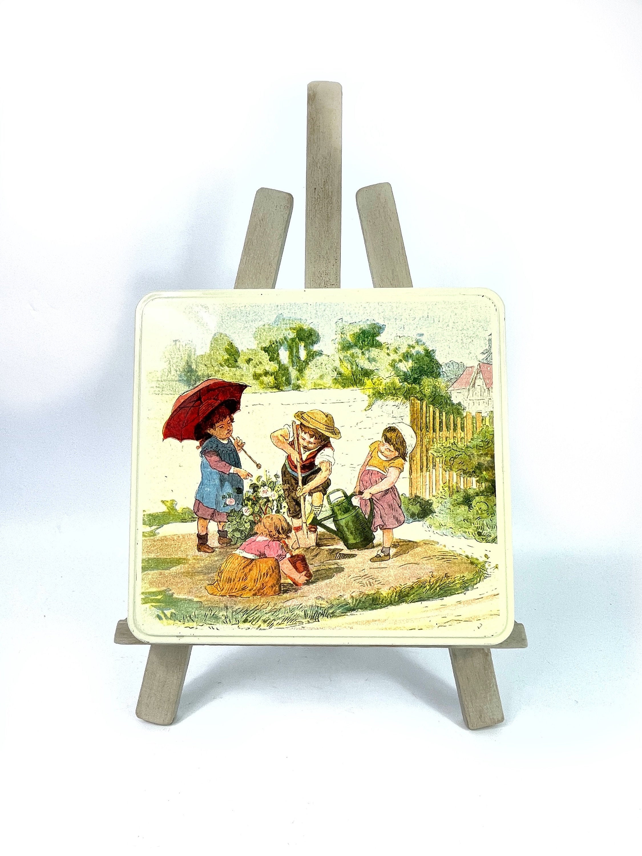 Vintage Français Métal Décoratif Enfants Jardin Galettes Étain/Trésors Souvenirs