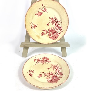 Two/2 French antique ironstone terre de fer plates Sarreguemines FÉRIA 1800&#39;s Claret/Pink