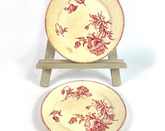 Puede incluir: Dos platos de cerámica vintage con un diseño floral. Los platos son blancos con un patrón floral rojo. Los platos están en un caballete de madera.