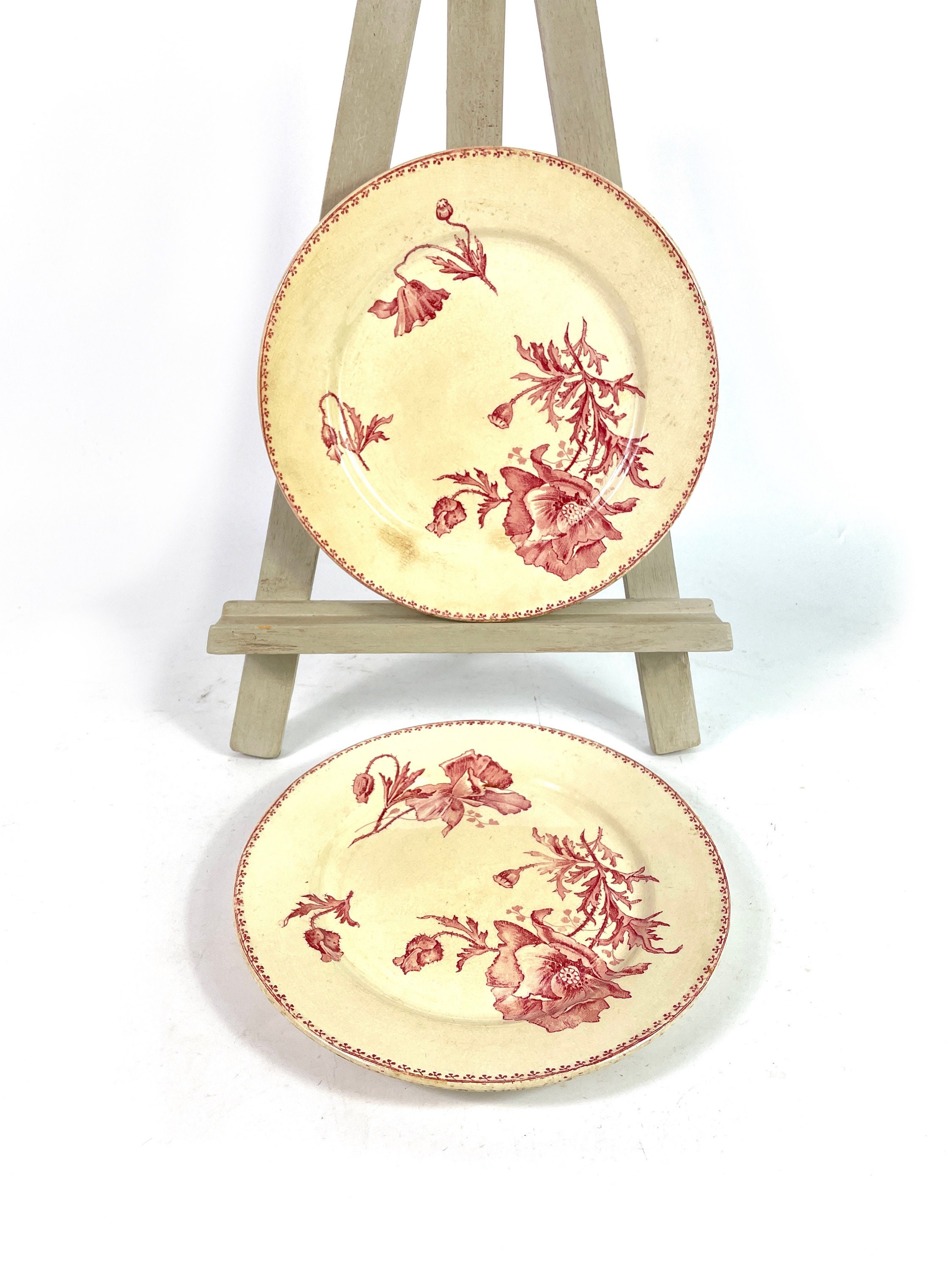 Two/2 French antique ironstone terre de fer plates Sarreguemines FÉRIA 1800's Claret/Pink