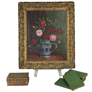 French Antique Still Life Oil Painting: Vase of Roses, Signed Aubry, Gilded Frame