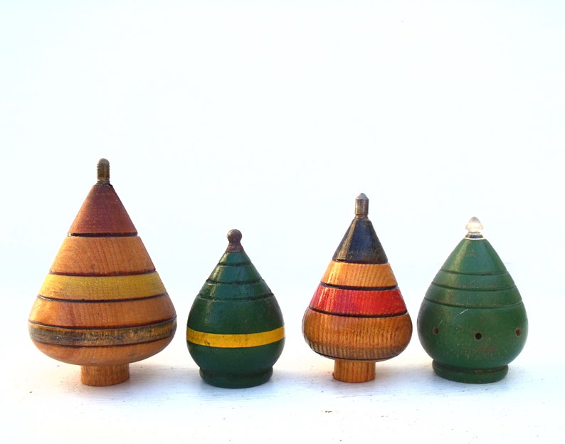 Collection Four 4 Vintage French Wooden spinning tops painted French Toys perfect for display