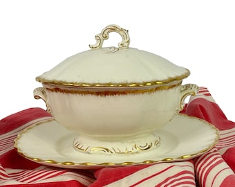 Antique Sarreguemines Ironstone Tureen: French Terre de Fer with Hand Gilding