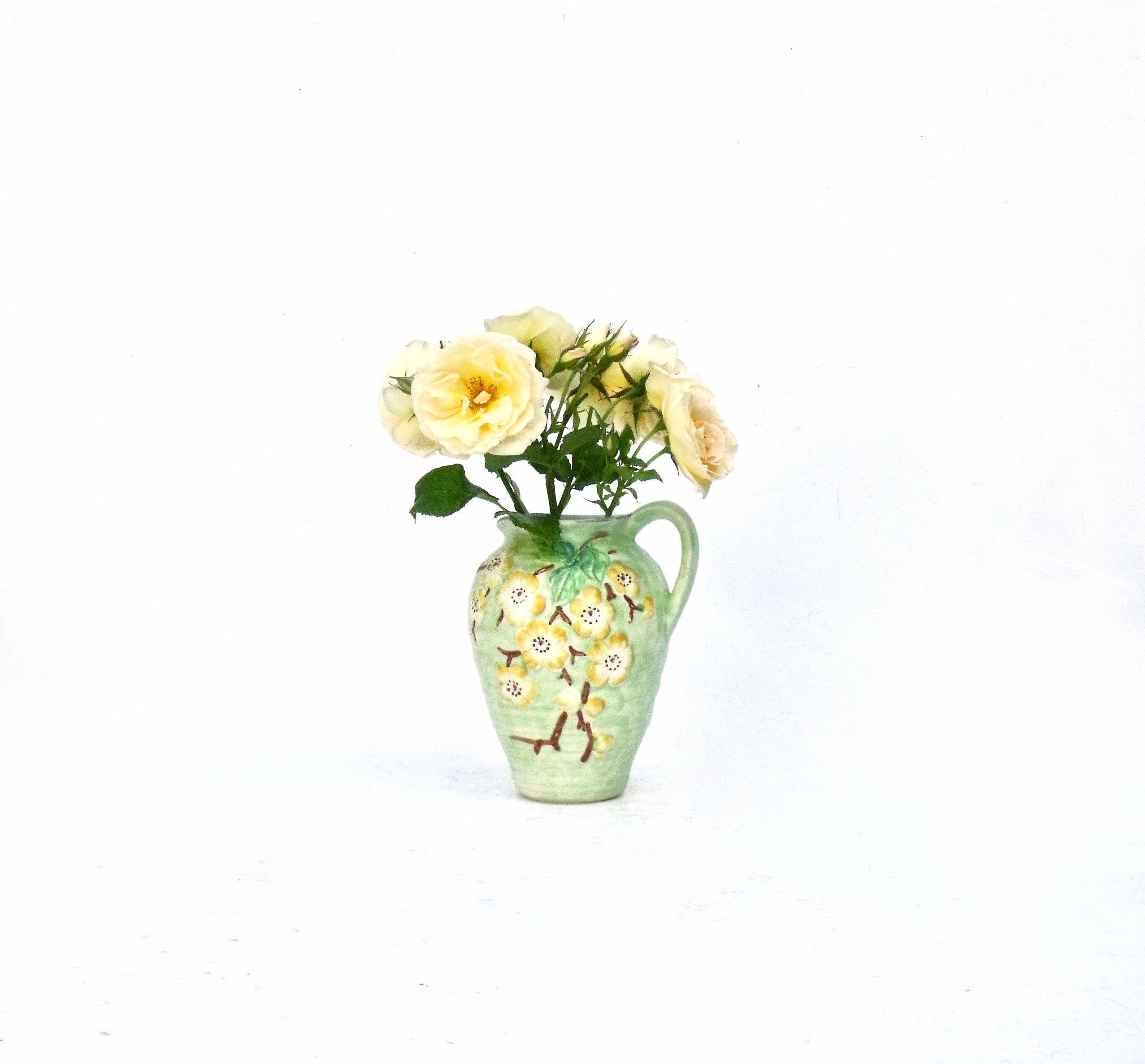 Début Radford Made in England Vase Jug Hand Painted Yellow Blossom Relief On Green Base 1930's -Rare