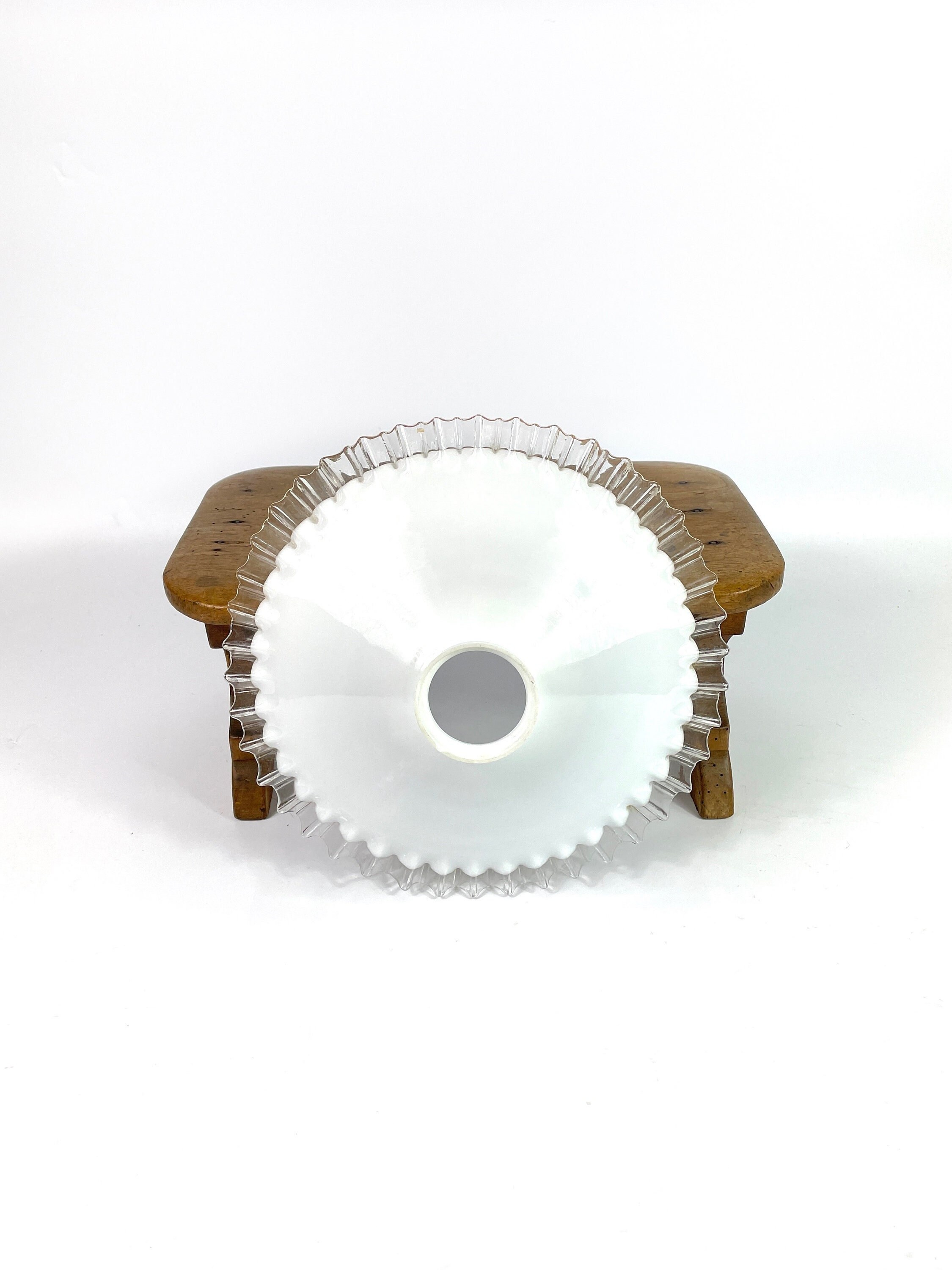 Vintage Français Glass Frill Blanc & Clair Abat-Jour Suspendu - Signé