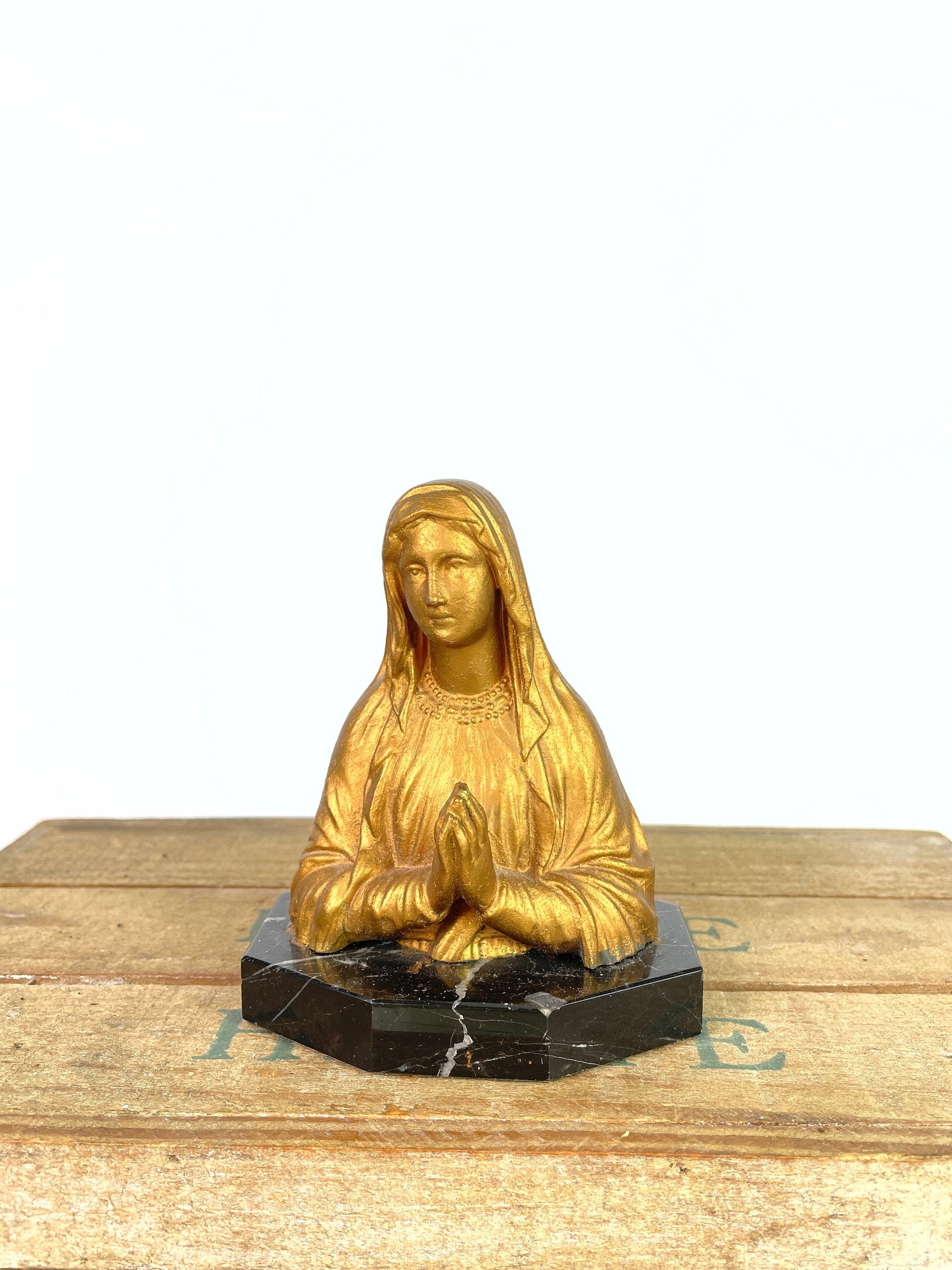 Antique Français Religieux Vierge Marie Signé Buste de Spelter sur Base en Marbre/Moulage Qualité