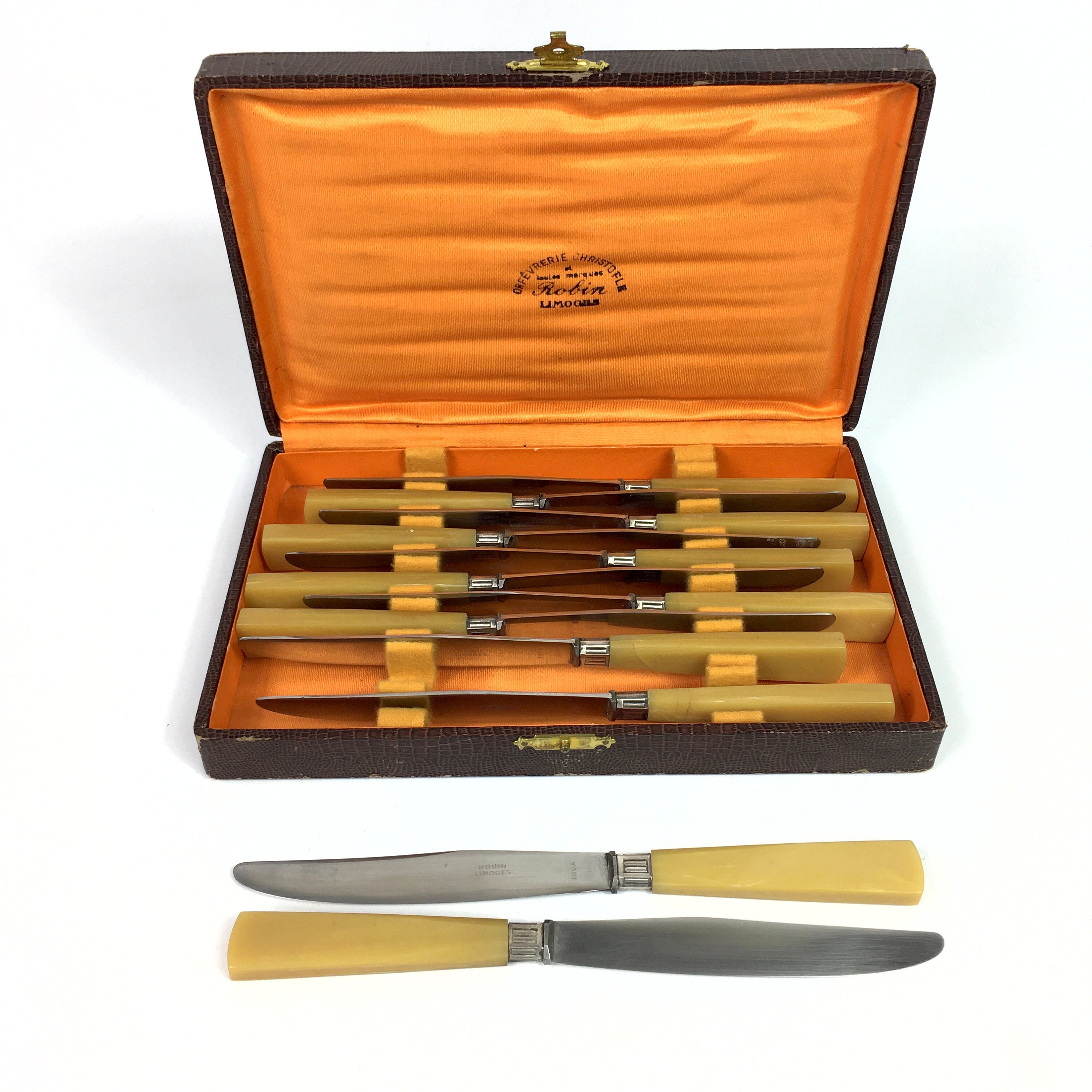 Français Résine de Fruits Couteaux en Boîte Limoges - Soie Orange Vers Les Années 1940