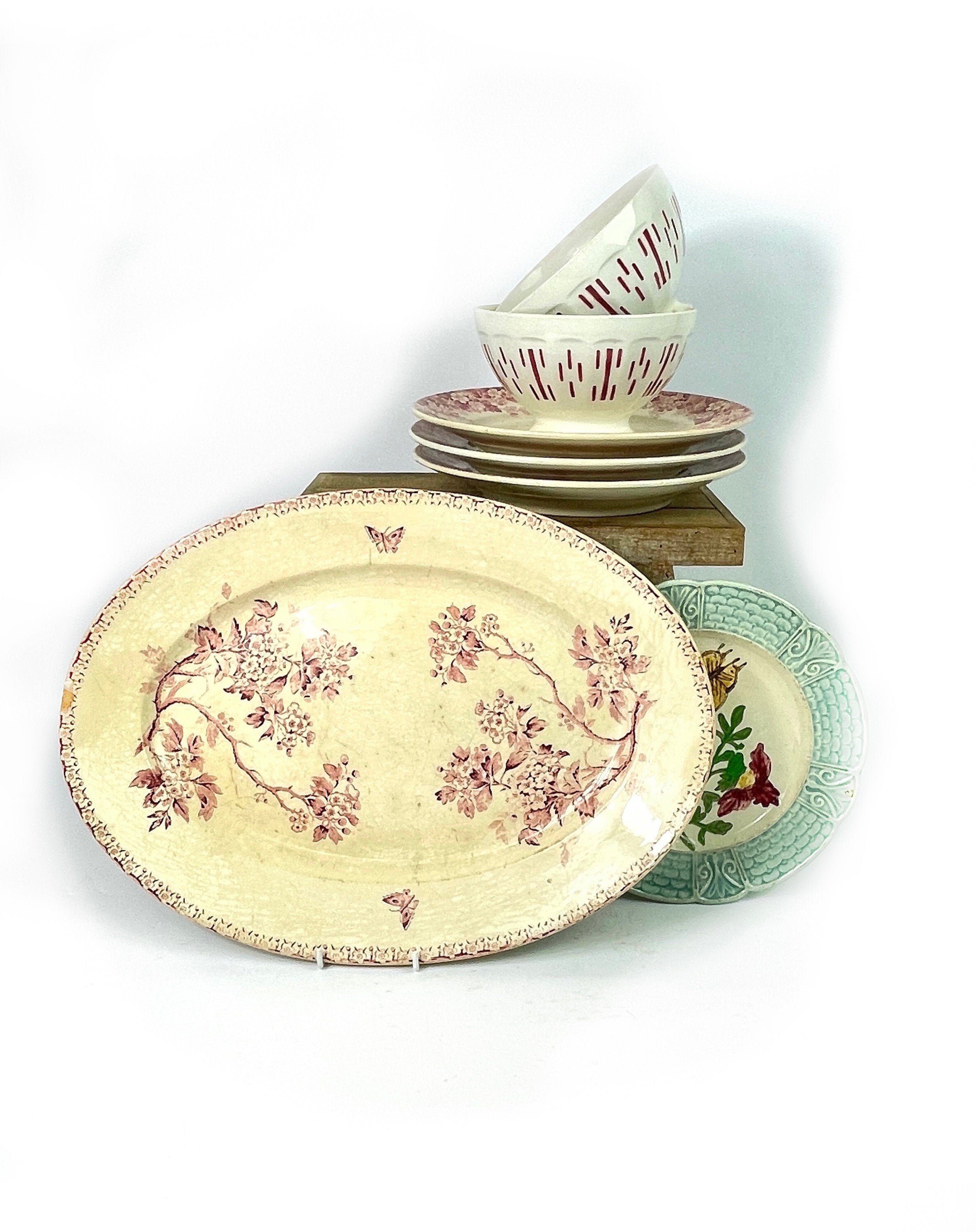 Français Sarreguemines Platter Ironstone Terre de Fer Floral Butterflies Pink Claret 1875