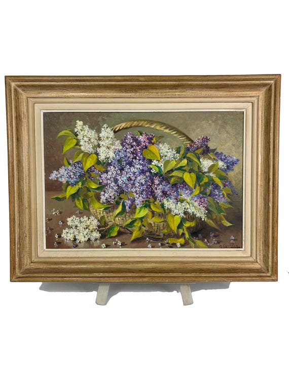 フレンチライラックの油絵：ヴィンテージの花の静物画、1940年代の署名