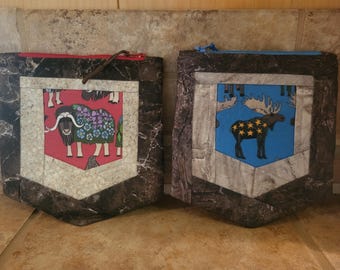 Quilted Pocket Pouch/Bag with a Moose or Musk Ox Print
