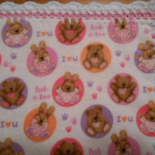 Flannel Baby Blanket with Baby Bears/Bunnies Print & Crocheted Edges