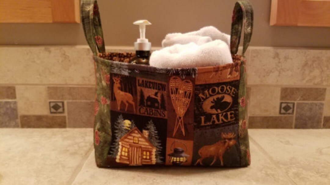 Quilted Fabric Storage Bin/basket With Wildlife & Cabin Print Etsy