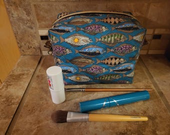 Quilted Boxy Zippered  Cube Pouch/Bag with Halibut Print