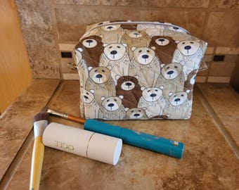 Quilted Boxy Zippered  Cube Pouch/Bag with Bear Print