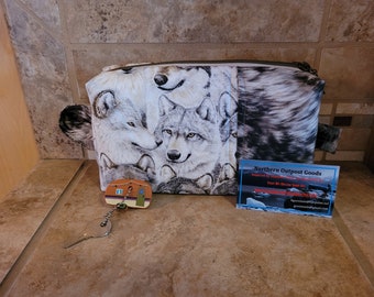 Boxy Zippered Pouch/Bag with Wolf Print