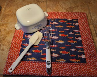 Quilted Dish Drying Mat with Salmon Print