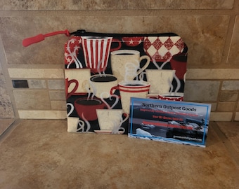 Small Zippered Fabric Coin Purse/Card Holder with Coffee  Print