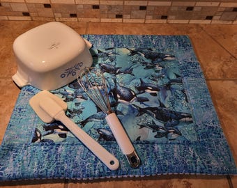 Quilted Dish Drying Mat with Orca Whale Print