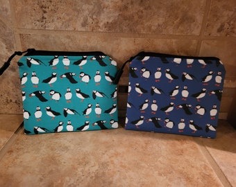 Small Zippered Fabric Coin Purse/Card Holder with Alaskan Puffin  Print