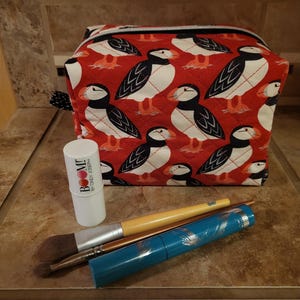 Quilted Boxy Zippered  Cube Pouch/Bag with Puffin Print