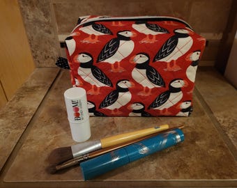 Quilted Boxy Zippered  Cube Pouch/Bag with Puffin Print
