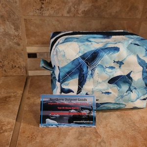 Quilted Boxy Zippered  Cube Pouch/Bag with Whale  Print