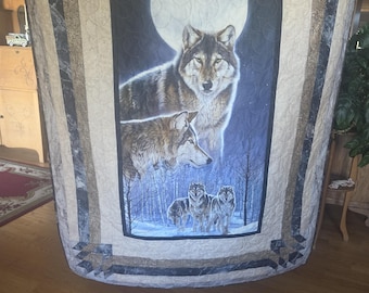 Lap Size Quilt or Wall Hanging with Wolf Print