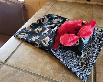 Crab Stuffed  Animal in Sleeping Bag with Crab Print