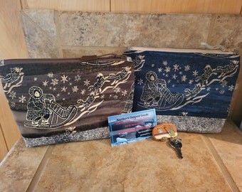 Small Zippered Bag with Lady Musher & Dogsled Team Print