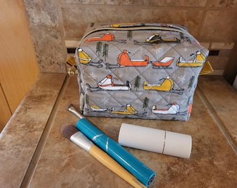 Quilted Boxy Zippered  Cube Pouch/Bag with Snowmobile Print
