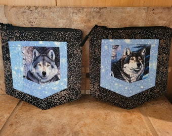 Quilted Pocket Pouch/Bag with Wolf  Print