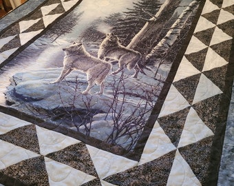Lap Size Quilt or Wall Hanging with Wolf Print