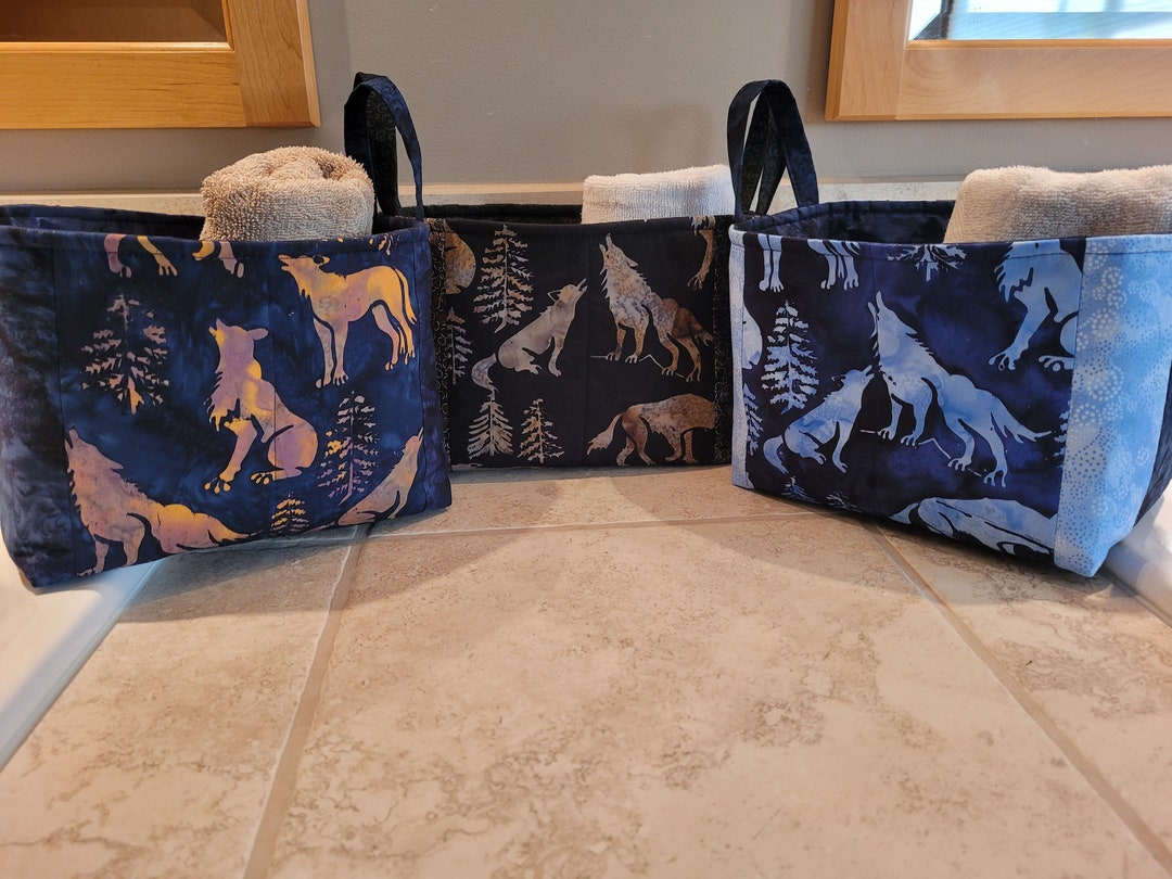 Quilted Fabric Storage Bin/basket With Wolf Print Etsy