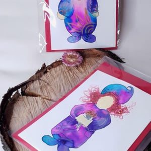 Wichtel und Blatt Grußkarten, 3er-Set. 14 x 11 cm, handgemalte Originalvorlage (kein Druck) blau, lila, pink. metallisch.