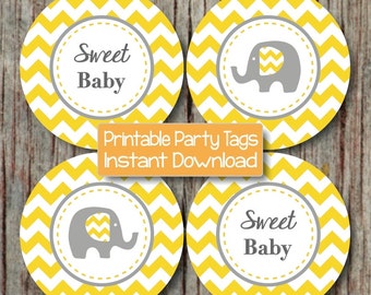 Yellow Grey Baby Shower Elephant Cupcake Toppers Printable Chevron Party Supplies Stickers Favor Tags Sweet Baby INSTANT DOWNLOAD diy 078