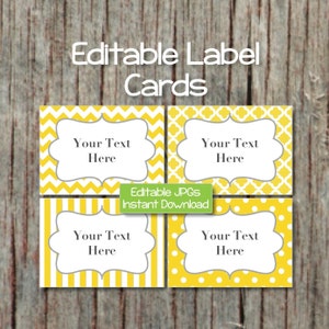 Editable Labels Cards Digital JPG File Printable Name Cards Digital Collage Sheet Yellow Grey INSTANT DOWNLOAD Baby Shower Place Cards 003