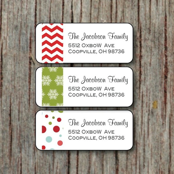 Christmas Return Address Labels - Personalized Holiday Label Stickers - 60 Custom Red Green Chevron Snowflake Return Address Labels - 004